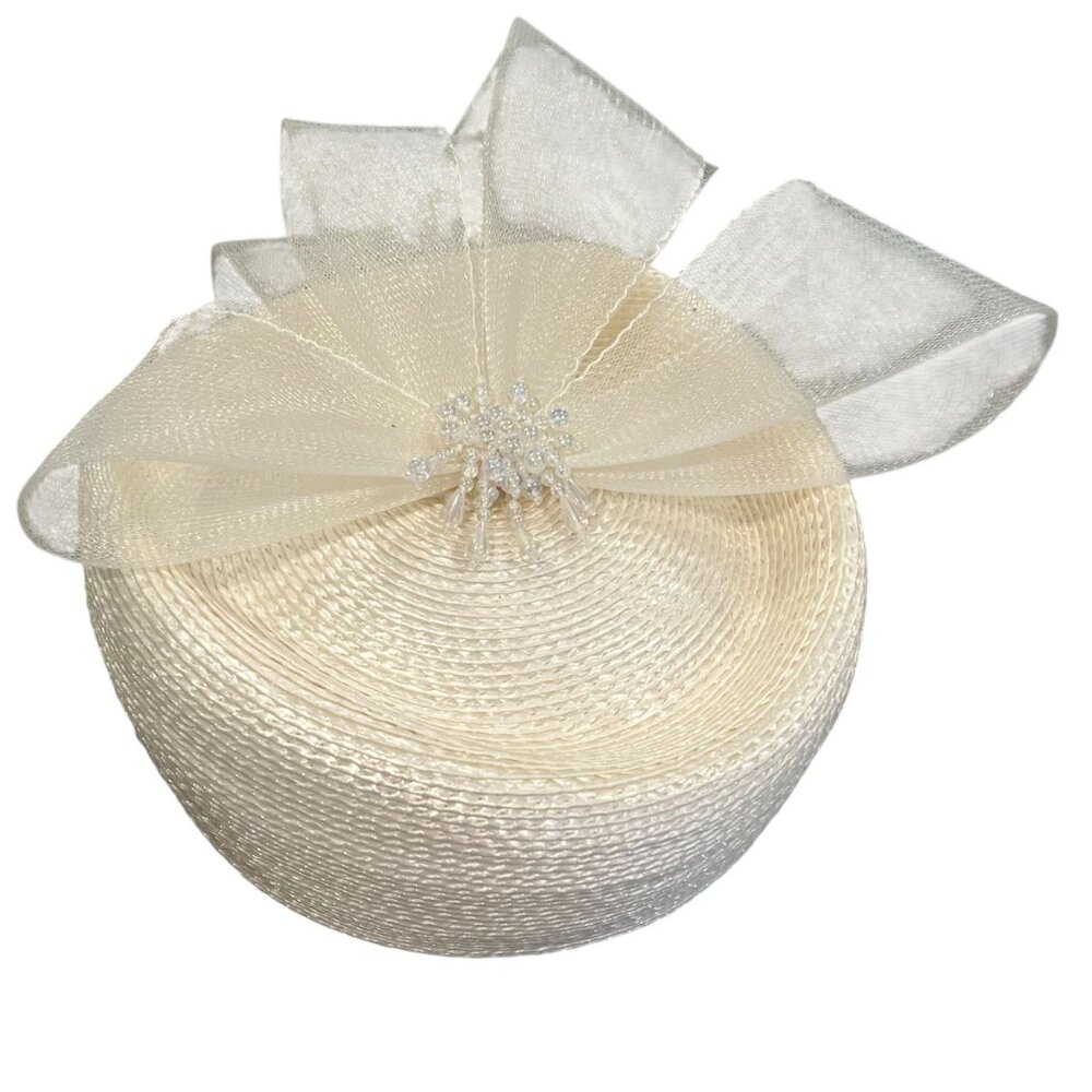 Vintage Cream Lily Lee Womens Hat With Mesh Bow & Rhinestone Centerpiece